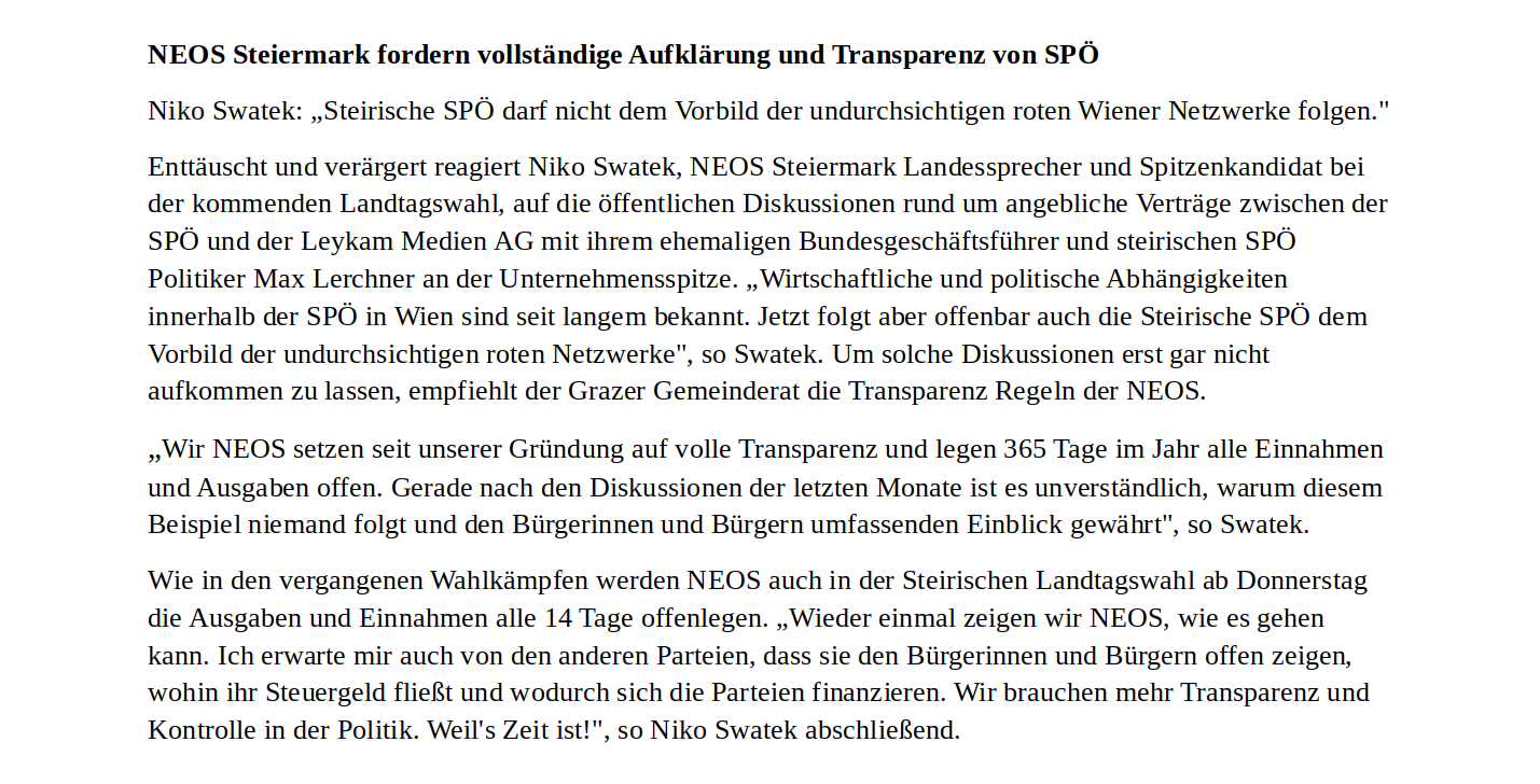 NEOS-Steiermark-Presseaussendung-Politik-Landtagswahl-Max Lercher-Leykam
